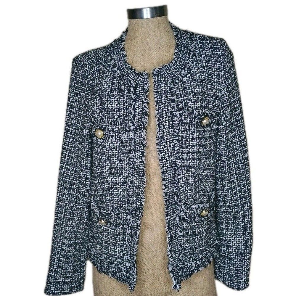NANETTE LEPORE Tweed Jacket Womens Size 10 Black White Open Front Pockets